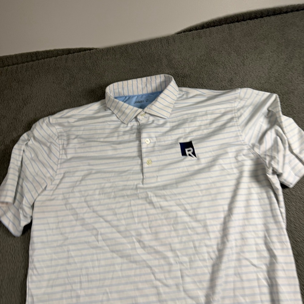 johnnie-O Mens Striped Performance Polo Shirt White Blue Logo Size Large